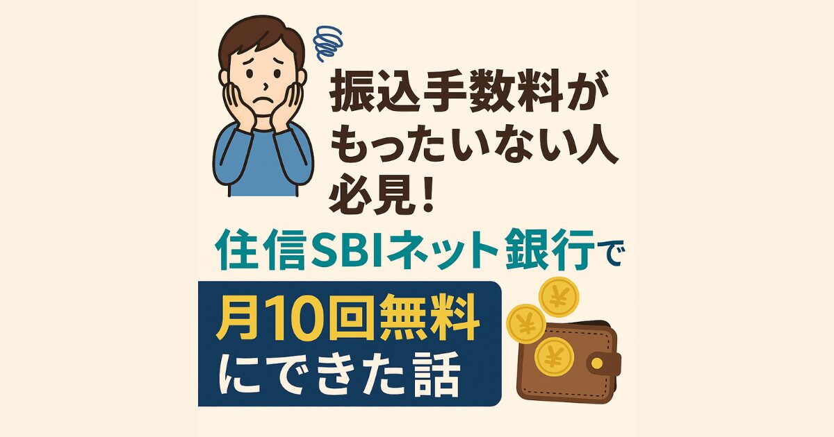住信SBIネット銀行の振込手数料を月10回まで無料にした体験談を紹介する記事のアイキャッチ画像。振込手数料がもったいないと悩む人向けに、住信SBIネット銀行のメリットを伝えるデザイン。節約・ネット銀行利用者向け。