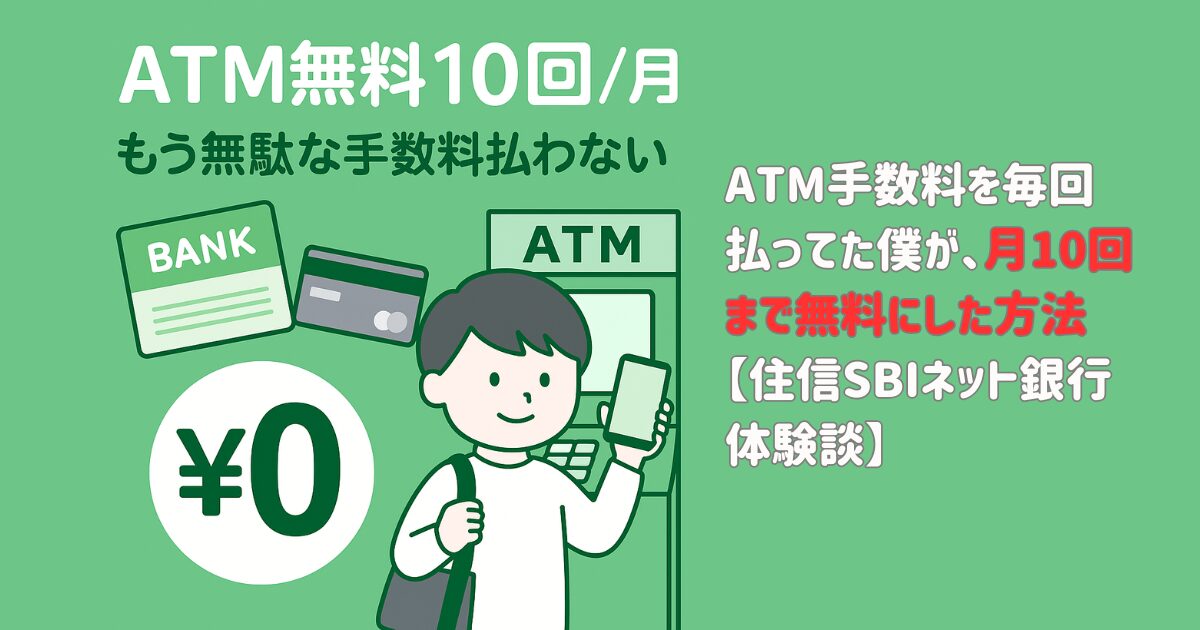ATM手数料を無料にする方法を紹介したブログ記事のアイキャッチ画像。ATM、¥0マーク、キャッシュカード、スマホを持つ男性のイラスト入り。タイトル文：ATM無料10回／月｜もう無駄な手数料払わない／ATM手数料を毎回払ってた僕が、月10回まで無料にした方法【住信SBIネット銀行体験談】